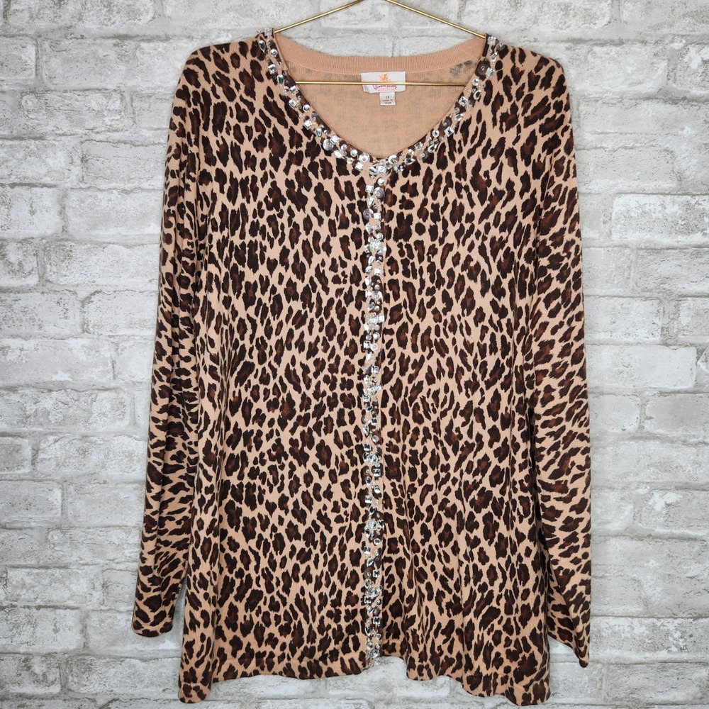 Quacker Factory Leopard Cardigan Beaded Trim Embellished Glam Leopard Print 1X